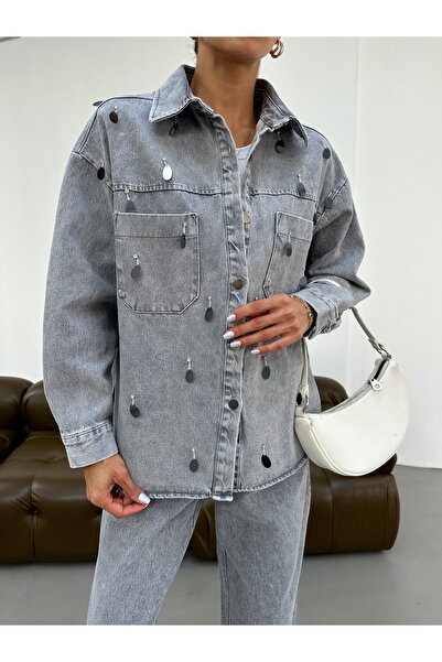 MİA NOURA Women's Front Hand-Embroidered Denim Fabric Shirt