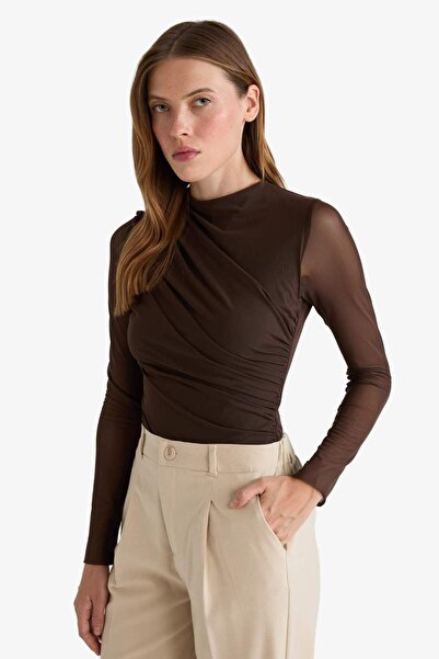 DeFacto Slim Fit Tight Fit Tulle Long Sleeve Snap Closure Bodysuit G3075Ax25Au