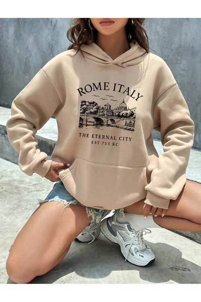 Trend Sizde Hanorac cu glugă unisex bej Roma Italia cu imprimeu
