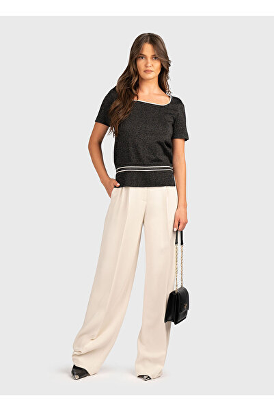 Liu Jo Women's Regular Fit Square Neck Short Sleeve Black T-Shirt Tf5025Ms49I-A4345