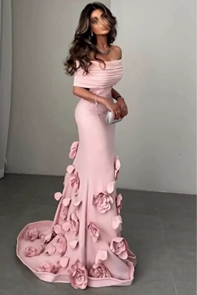 MEZON FASHION فستان قناع وردي فاتح مع حواف زهرية