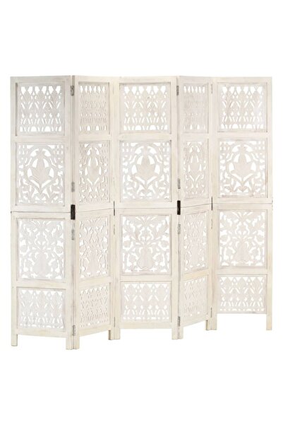 vidaxl فاصل غرفة منحوت يدويًا من 5 ألواح، أبيض، 200×165 سم، من خشب المانجو الصلب