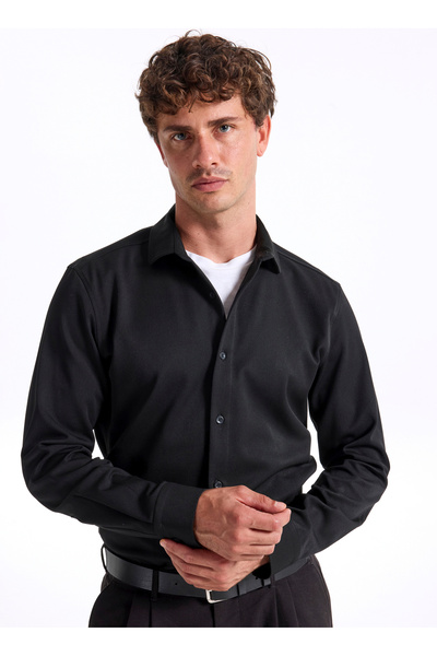 Fabrika Slim Fit Gömlek Yaka Düz Siyah Erkek Gömlek F5WM-GML 2421