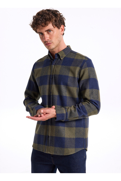 Fabrika Regular Fit Düğmeli Yaka Ekose Haki Erkek Gömlek CM RYAN D 253.