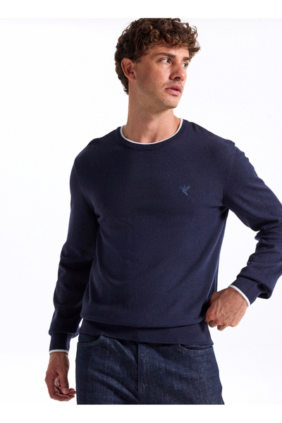 Fabrika Bisiklet Yaka Slim Fit Düz Lacivert Erkek Kazak F5WM-KZK 2318