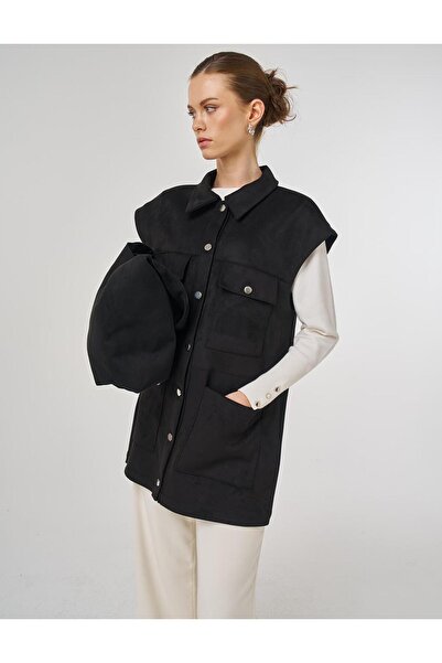 Kayra Cep Detaylı Süet Yelek Siyah