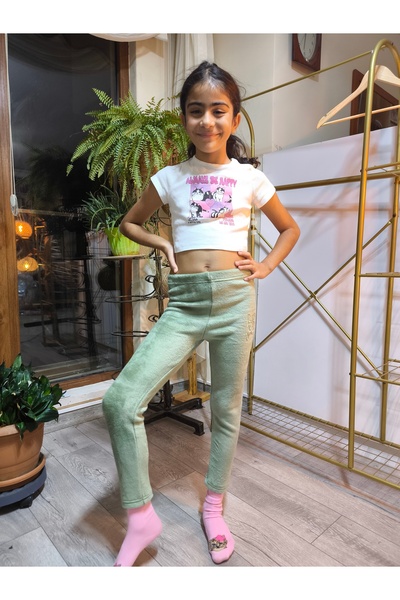 Şimo Butik جوارب طويلة للفتيات شتوية من القطن المضلع بخصر مطاطي باللون الأخضر