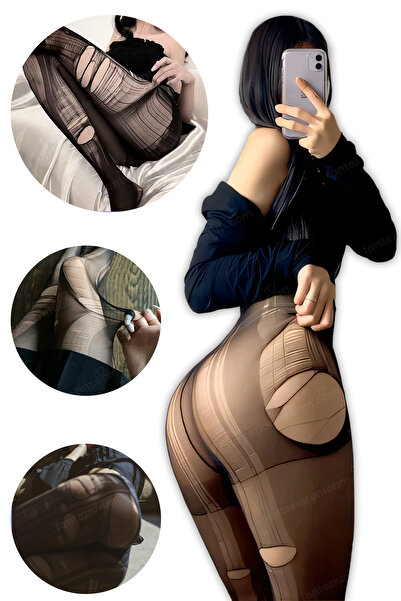 Sofya Passion Σκισιμένες κάλτσες καλσόν - Σκισιμένες γυναικείες κάλτσες φαντασίας - Κατάλληλες για τζιν και συνδυασμούς - Μαύρο/καφέ