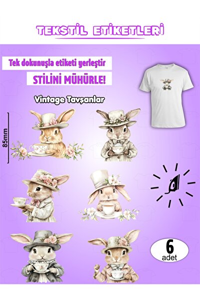 AGG Reklam Ütü ile Yapışan Kıyafet Etiketi Vintage Tavşanlar 6Lı Set