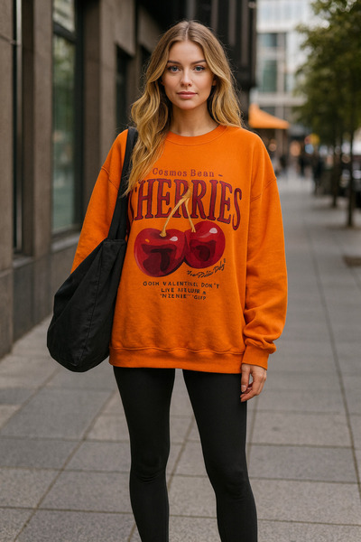 UNCİA OUTDOORS Hanorac de damă cu imprimeu cu cireșe, supradimensionat, cu mâ...