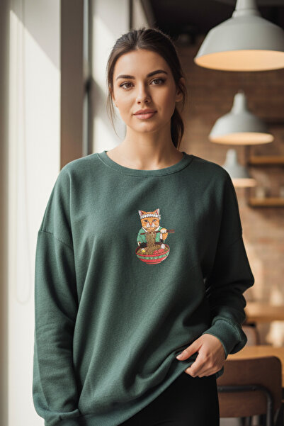 UNCİA OUTDOORS Φούτερ Unisex με στάμπα γάτας που τρώει ράμεν, μεγάλου μεγέθου...