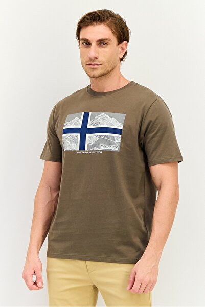NORTHLAND Men Ribbed Collar Short Sleeve Graphic Print Logo T-Shirt, Olive