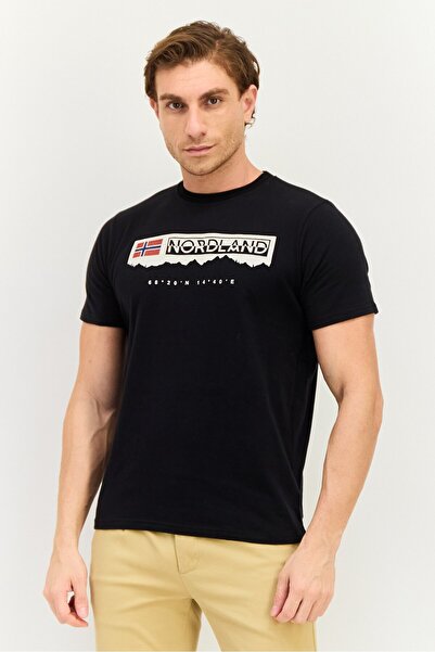 NORTHLAND Men Ribbed Collar Short Sleeve Brand Logo T-Shirt, Black