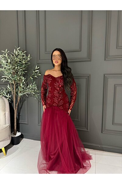 VİVİ فستان سهرة بورغندي أوف شولدر بتطريز فاخر وتنورة تول منفوشة