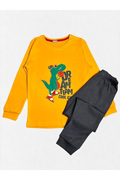 Fil Kids Erkek Çocuk %100 Pamuklu Turuncu Renk Basketçi Dinozor Desenli Uzun Kollu Kışlık Pijama