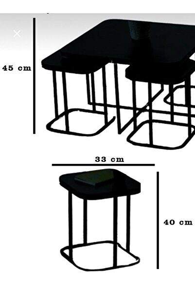 EYKAN CONCEPT EYKAN 5li Oval Kenar (KURULUM GEREKTİRMEZ)4+1 Siyah Aynalı Temperli Cam Gümüş Ayak Takım Sehpa