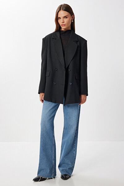 Lovelyİstanbul سترة منسوجة مبطنة كبيرة الحجم LDW0006 باللون الأسود