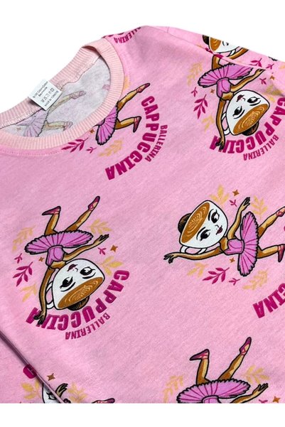 Fil Kids Girl's Cotton Fabric Pink Color Ballerina Cappuccino Patterned Long Sleeve Seasonal Pajama Set