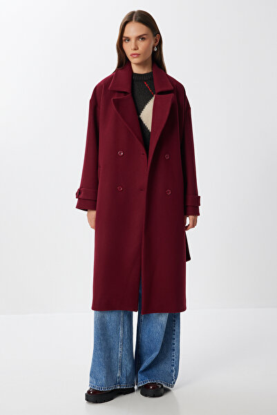 Lovelyİstanbul معطف كاشي بياقة مزدوجة وحزام LDW0007 أحمر داكن