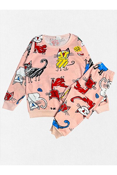 Fil Kids Kız Çocuk Pamuklu Kumaş Yavru Ağzı Renk Kedi Desenli Uzun Kollu Mevs...