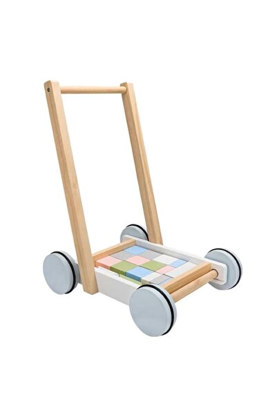 Toyska Antemergator si Carucior pentru Cuburi 2 in 1 DIY din Lemn, 20 cuburi,...