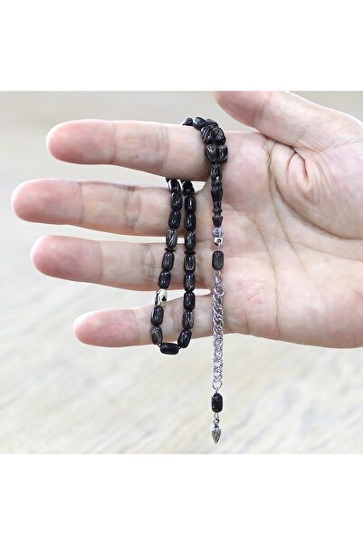 Tesbihane Crimped Amber Prayer Beads - Non-Tarnish Metal Tassel - Wrist Length - Marbled Color - Capsule Cut
