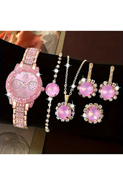 SOWOO WATCH 6 Parça Pembe Renk Kadın Moda Kuvars Saat Seti Şık Taşlı Kol Saat...