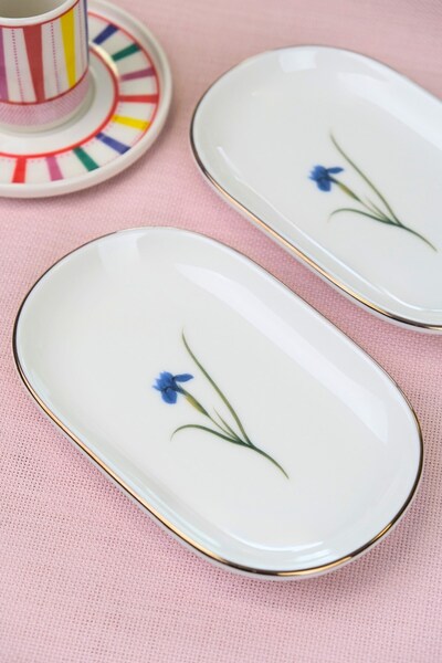 tabakevi Tabak Evi Porcelain Natura Iris Gold Gilded Oval Boat Plate 18X11X2,50Cm 2 Pieces