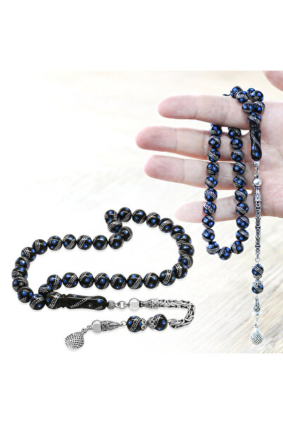 Tesbihane Erzurum Oltu Taşı Tesbih - 925 Ayar Kral Zincir Püsküllü - Gümüş Firuze İşlemeli - Küre Kesim