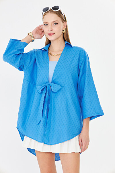 armonika Women's Blue Front Tie Kimono Shirt Arm-25Y001108