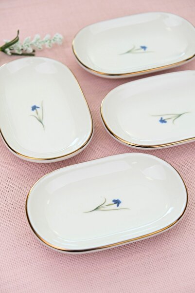 tabakevi Tabak Evi Porcelain Natura Iris Gold Gilded Oval Boat-Shaped Tray 14X9X2.50Cm 4 Pieces