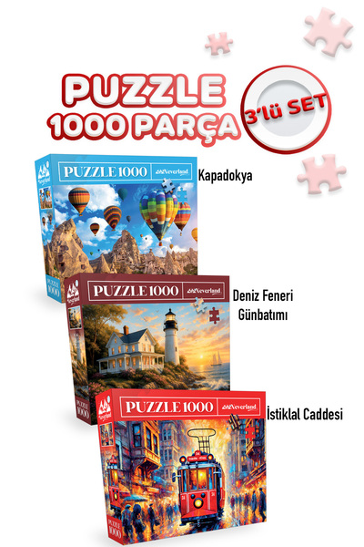 Neverland 3 ADET 1000 PARÇA PUZZLE - DENİZ FENERİ GÜNBATIMI VE İSTİKLAL CADDE...