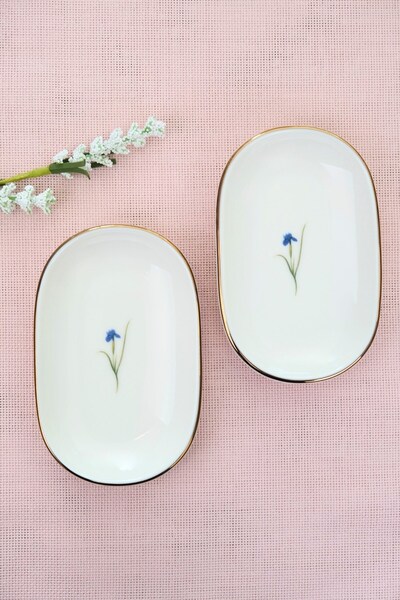 tabakevi Tabak Evi Porcelain Natura Iris Gold Gilded Oval Boat-Shaped Tray 14X9X2.50Cm 2 Pieces