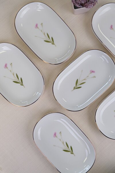 tabakevi Tabak Evi Porcelain Natura Broadcloth Gold Gilded Oval Boat Plate 18X11X2,50Cm 6 Li