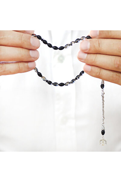 Tesbihane Fire Amber Prayer Beads - Non-Tarnish Metal Tassel - Wrist Length - Black and White Color - Barley Cut