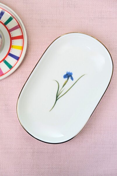 tabakevi Tabak Evi Porcelain Natura Iris Gold Gilded Oval Boat Plate 18X11X2,50Cm Single