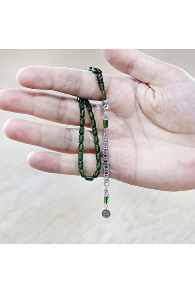 Tesbihane Fire Amber Prayer Beads - Non-Tarnish Metal Tassel - Wrist Length - Green Color - Capsule Cut