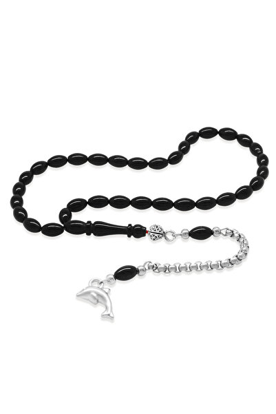 Tesbihane Нетемніючий метал, албанська ланцюжок з бахромою, ячмінь, чорний, затискач на зап'ясті, бурштиновий чотки