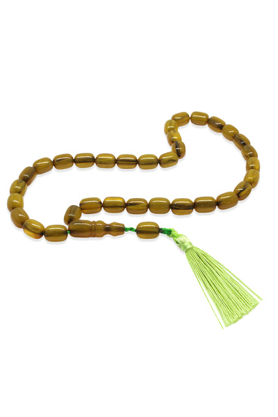 Tesbihane Ottoman Palace Tassel Rod Crimped Amber Prayer Beads Maxi Size Maroon Yellow Capsule Cut