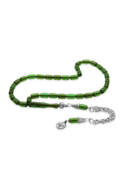 Tesbihane Fire Amber Prayer Beads - Non-Tarnish Metal Tassel - Wrist Length - Green Color - Capsule Cut