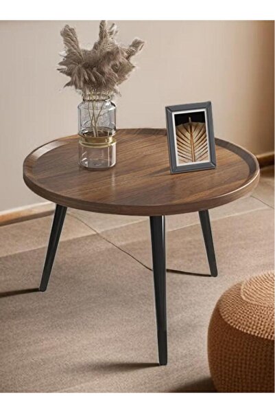 Un “طاولة جانبية خشبية دائرية بتصميم عصري وأرجل معدنية