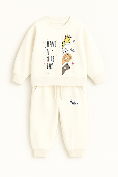 Let's Wear طقم أطفال مميز مطبوع عليه حيوانات لطيفة مع جيب ورباط - طقم رياضي مكون من قطعتين