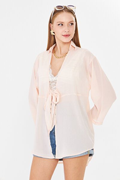 armonika Women's Light Powder Self-Striped Front Tie Kimono Shirt Arm-24Y001101