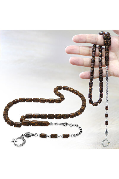 Tesbihane Non-Tarnish Metal Tassel Capsule Cut Brown Scented Cinnamon Wood Prayer Beads