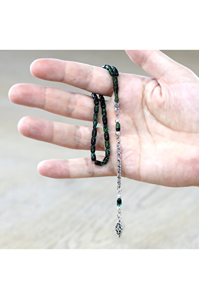 Tesbihane Non-Tarnish Metal Albanian Tassel Capsule Cut Green Black Ankle Length Fire Amber Prayer Beads