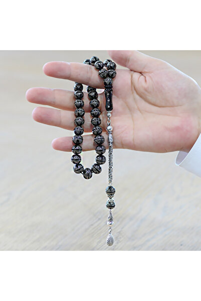 Tesbihane Erzurum Oltu Taşı Tesbih - 925 Ayar Gümüş Kral Püsküllü - Yoğun Gümüş Yıldız İşlemeli - Küre Kesim