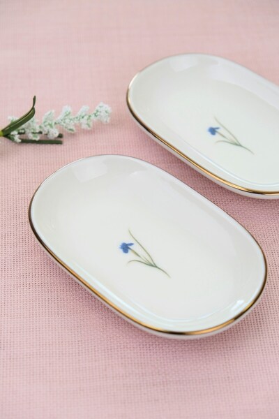 tabakevi Tabak Evi Porcelain Natura Iris Gold Gilded Oval Boat-Shaped Tray 14X9X2.50Cm 2 Pieces