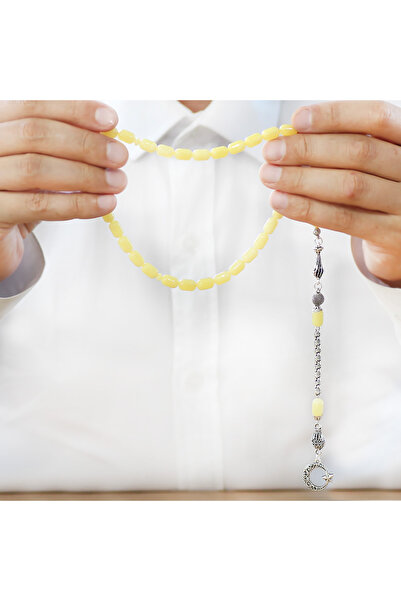 Tesbihane Non-Tarnish Metal Cage Chain Tassel Capsule Cut Yellow White Moire Beirut Amber Prayer Beads