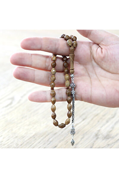 Tesbihane Κουκά Τσεμπίρι - Ασήμι 925 με Φούντα Βασιλιά - Καφέ - Κομμένο σε Σπριντούρα