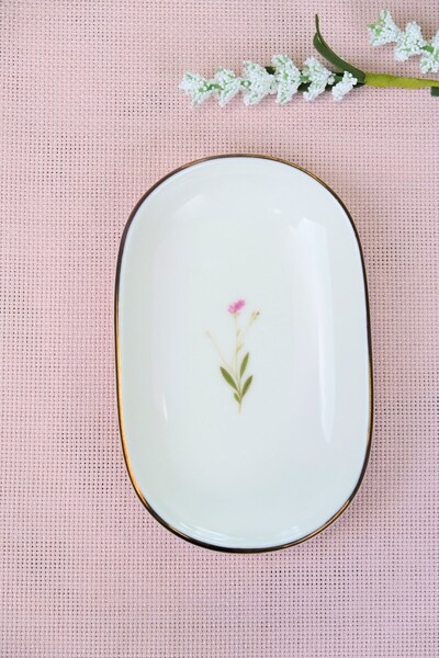 tabakevi Tabak Evi Porcelain Natura Broadcloth Gold Gilded Oval Boat-Shaped Plate 14X9X2.50Cm Single